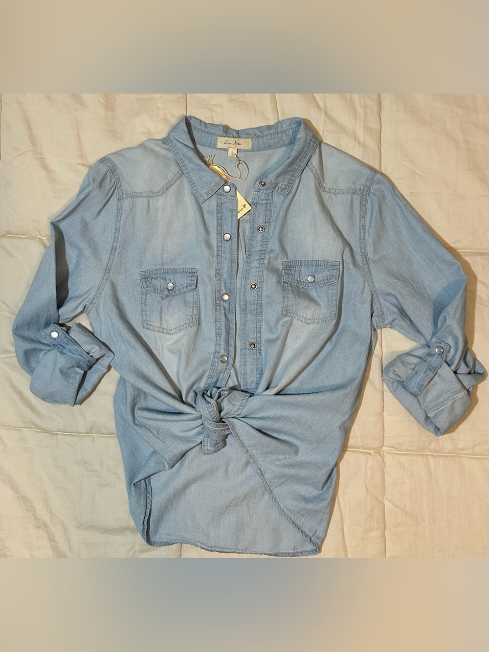 Love Notes Light Blue 100% cotton snap button Down Shirt